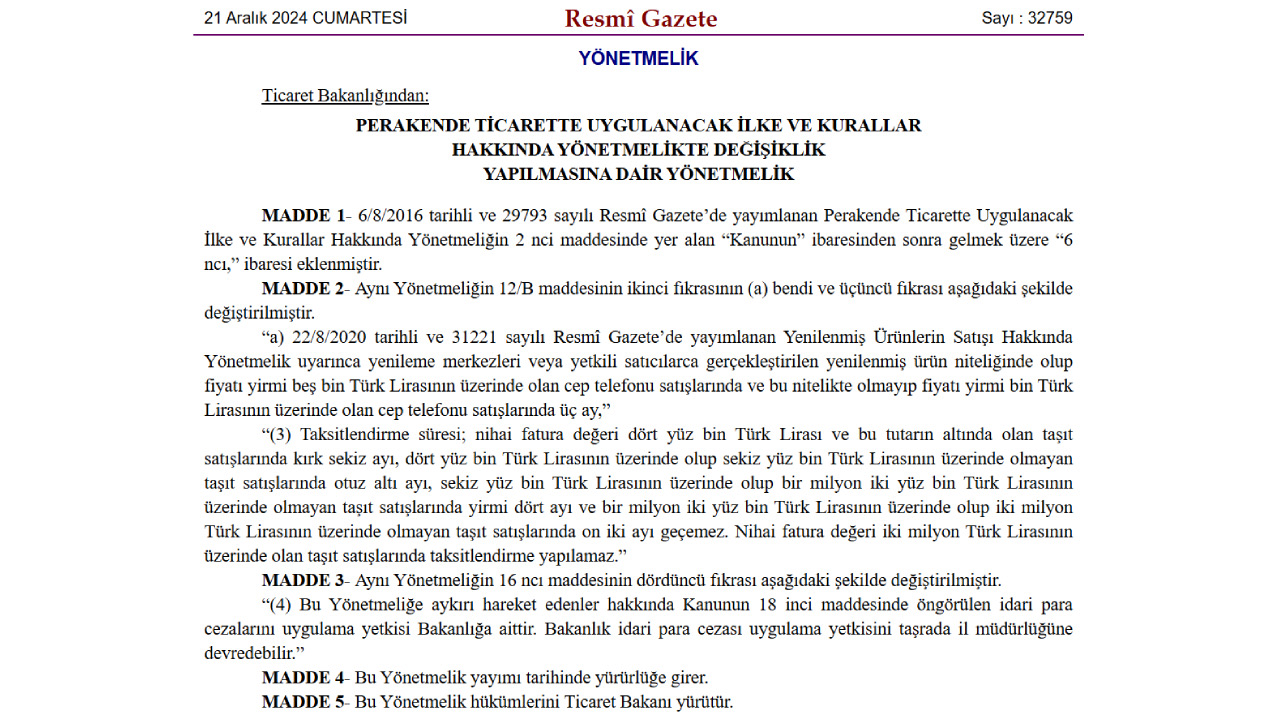 Cep telefonu ve araç satışına ilişkin taksit düzenlemesi Resmi Gazete'de yayımlandı.