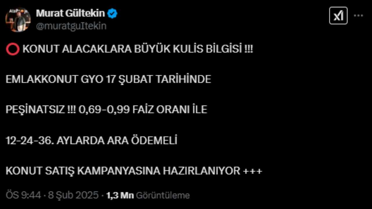 Murat Gültekin Emlak Konut GYO'nun başlatacağını iddia ettiği projeye ilişkin paylaşımda bulundu.