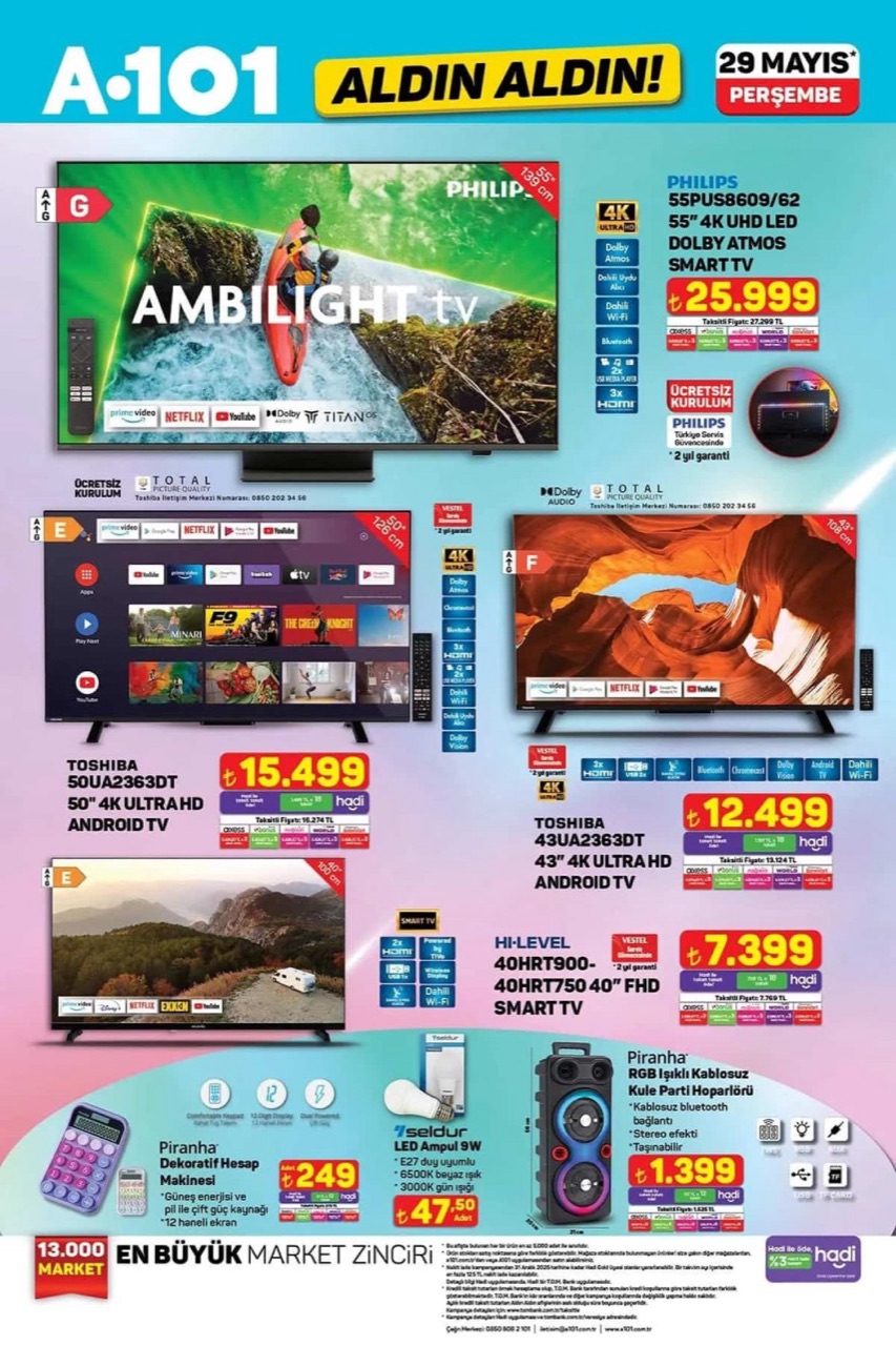A101 29 Mayıs 2025 aktüel ürünler; Televizyon, beyaz eşya, mutfak ürünler indirime giriyor.
